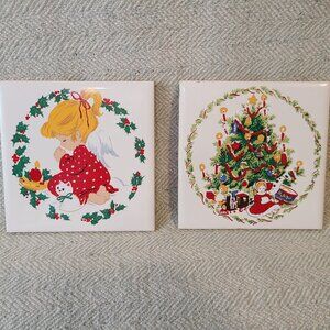 Vintage Jasco 1981 Christmas Ceramic Tiles Tree with Presents & Child Praying